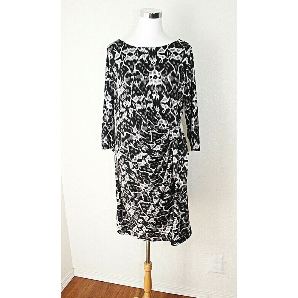 SHELBY & PALMER Knit Dress Sz. 1X White Black Tribal Fairy 3/4 Sl. Draped #03
